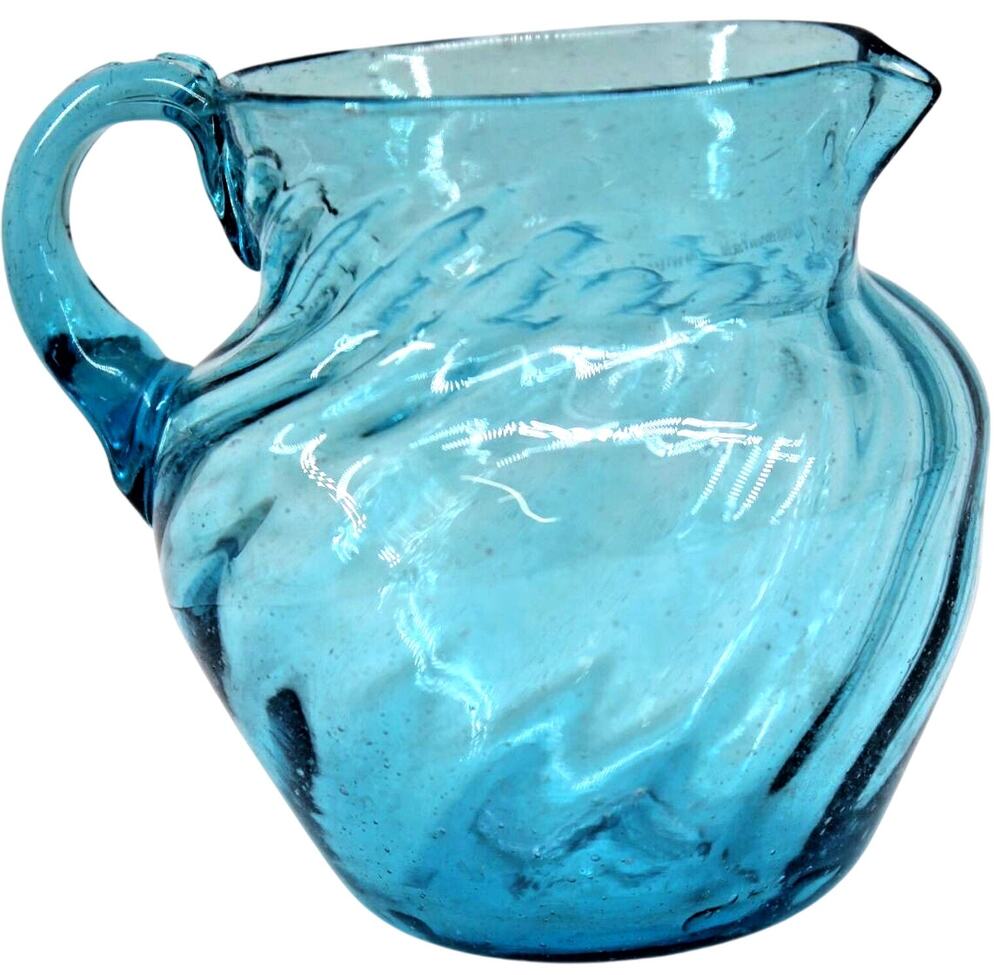 Little Hand Blown Pitcher Aqua Blue Twisted Spiral • 3" Tall • Collectable